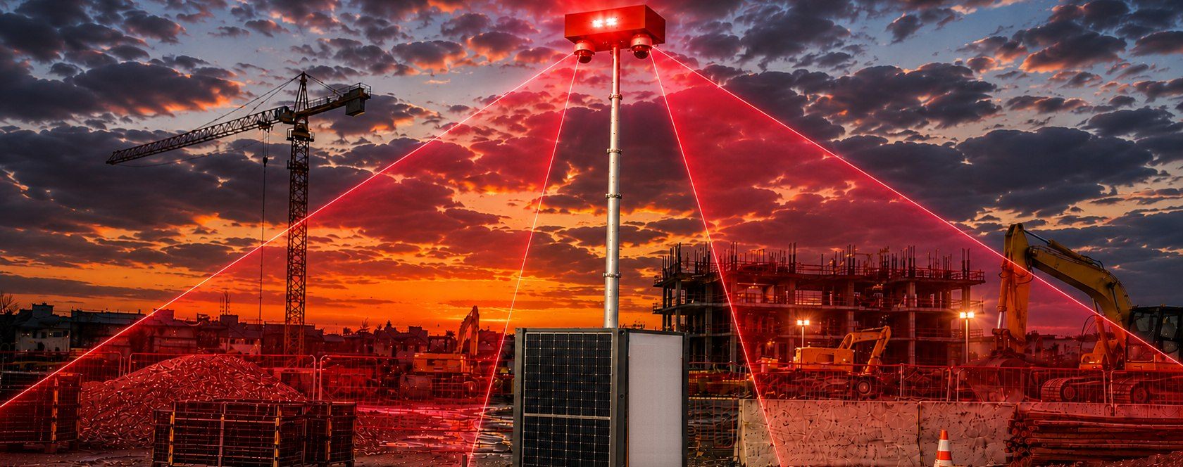 OMNIGARD autonomous surveillance tower operating on a construction site at dusk, deterrence strobes and detection beams active